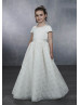 Short Sleeve Pearl Neck Ivory Satin Floral Lace Flower Girl Dress